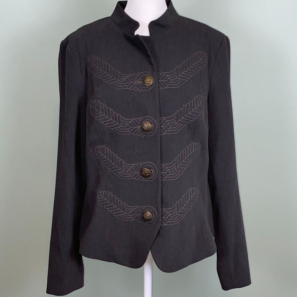 CAbi Embroidered Military Blazer Jacket Womens 12 Gray Button Up Chic #221